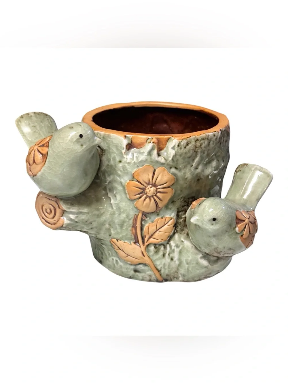 Vintage Ceramic Green/Tan Stump Vase Perched Birds Flowers Planter 5” Handmade